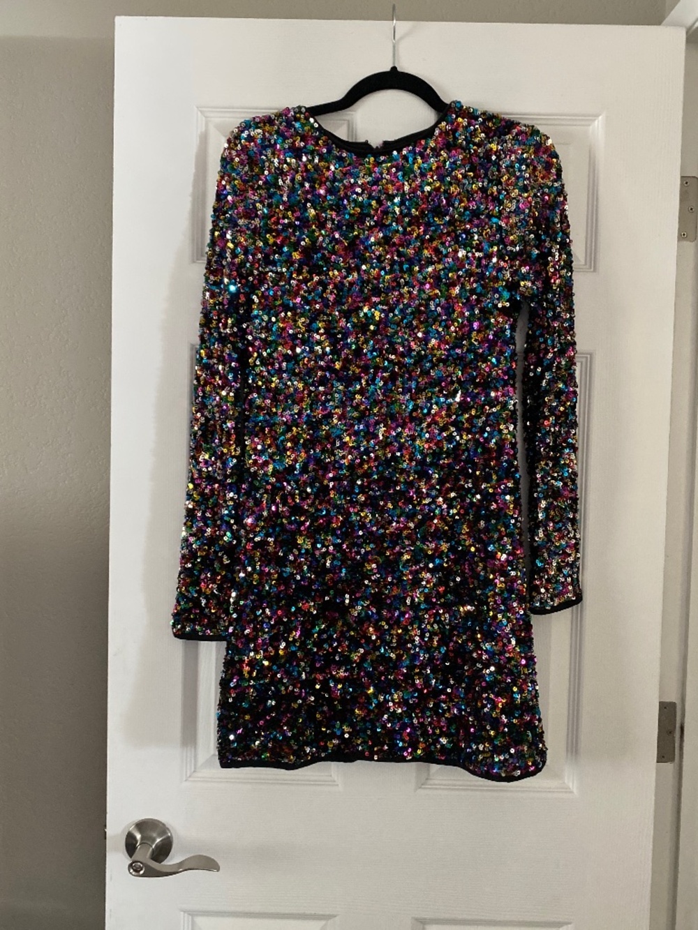 Red dress boutique black rainbow sequin dress